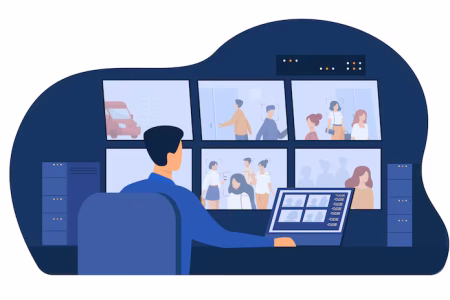 guard service man sitting control panel watching surveillance camera videos monitors cctv control room vector illustration security system worker spying supervision concept 74855 10077